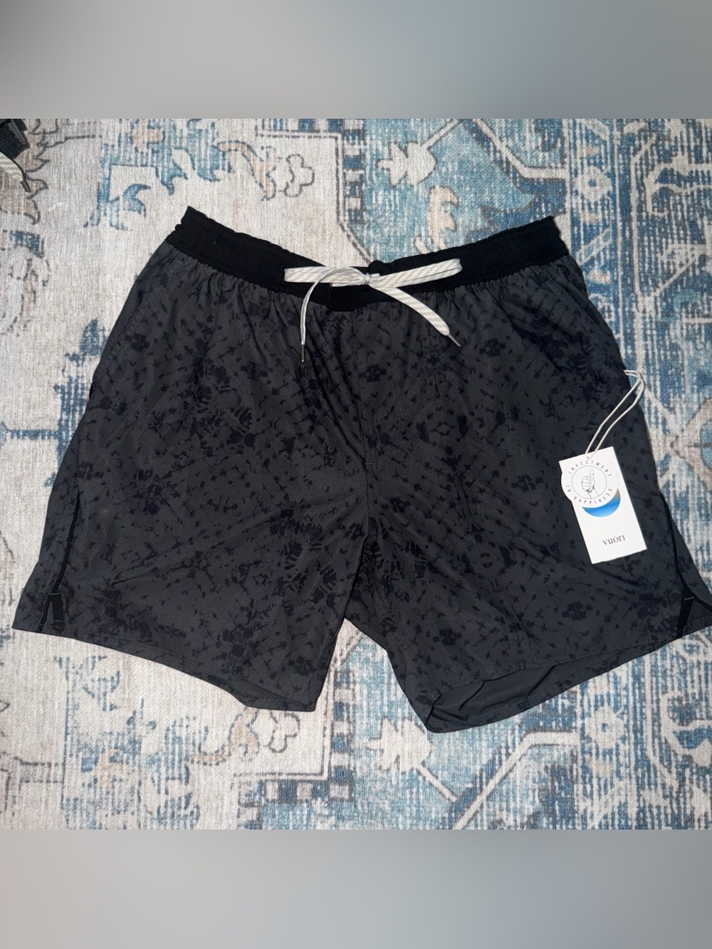Vuori Black Patterned Swim Trunks with Contrast Drawstring
